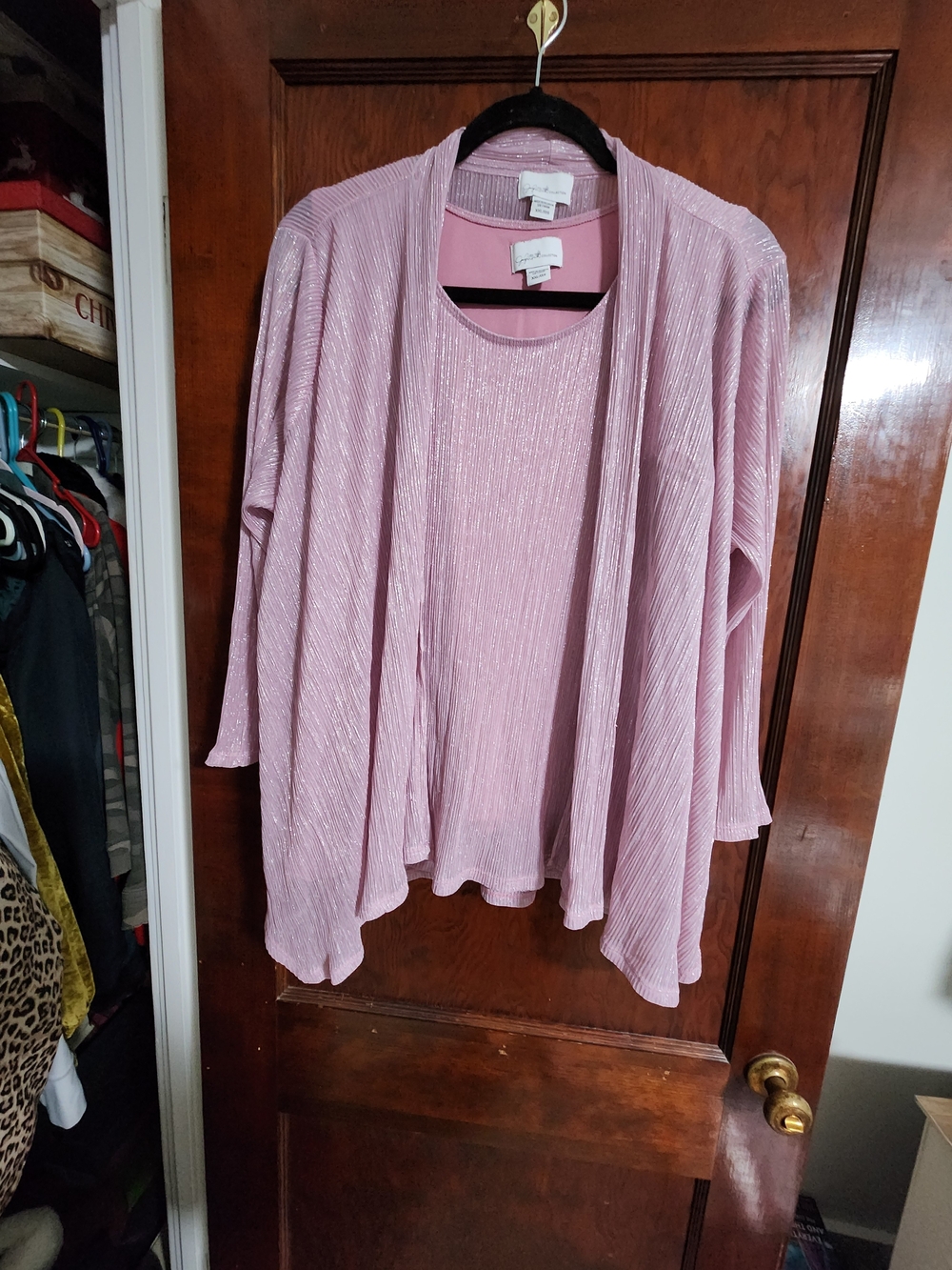 Jaclyn Smith Collection Metallic Pink Crinkle Knit Cardigan Tank Set XXL 2PC